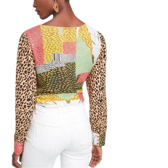 Anthropologie BInk Leopard Patchwork Blouse Wrap Top Tie Closure Shirt Sz XS - Picture 3 of 11